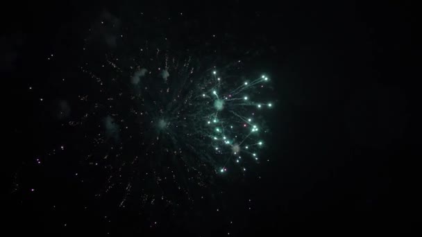 Esplosioni notturne colorate nel cielo nero. bellissimi fuochi d'artificio multicolori nel cielo notturno. Capodanno fuochi d'artificio celebrazione. brillanti fuochi d'artificio con luci bokeh nel cielo notturno. spettacolo di fuochi d'artificio incandescenti. — Video Stock