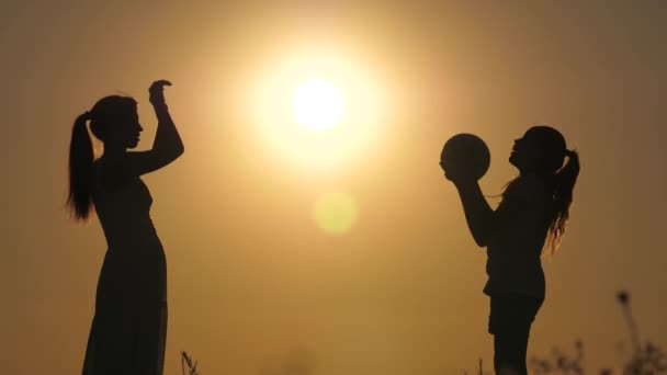 Mutlu anne-kız, aile gün batımında voleybol topuyla parkta dinleniyor. Top oynayan çocukların silueti. Anne, kızıyla top oynuyor. Takım çalışması, spor aile oyunu — Stok video