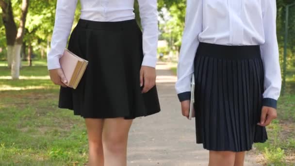 Ragazze School Girls stanno camminando per la strada, tenendo libri di testo e un tablet. gli adolescenti vanno a scuola nel parco con libri e un gadget elettronico. concetto di educazione degli adolescenti. — Video Stock