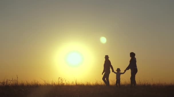Silhuet af glade familie gå hånd i hånd, gå i marken ved solnedgang. Børn holder mor og far i hånden. glad lille barn og forældre går i stråler af smuk sol, rejser på ferie. – Stock-video