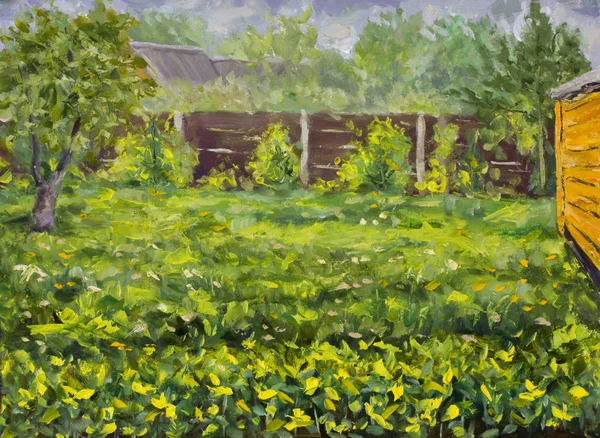 Summer sketch of landscape. Painting with oil. Green grass, fence, spring green tree. Rural landscape palette knife impressionism artwork illustration art