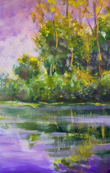 Violet warm sunset dawn over the lake. Rural summer landscape. Trees are reflected in water, a river, a pond. Fragment of oil painting.