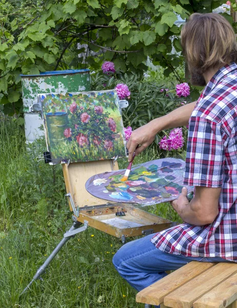 male artist paint on plein air flowers pink peonies painting on nature. Plein air painting of beautiful peony flowers bush