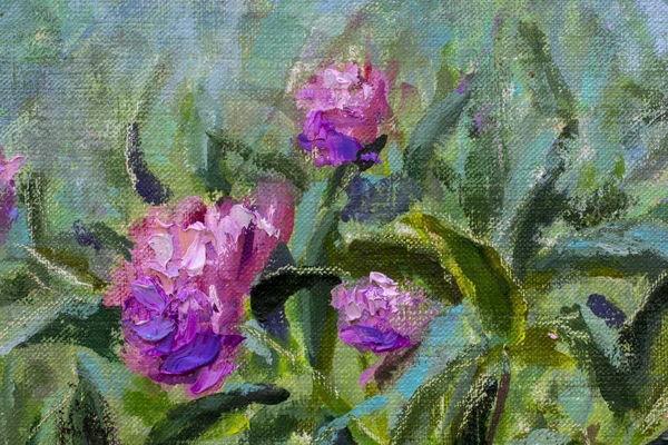 Close-up fragment of  painting. Floral Oil painting Beautiful bouquet of flowers of purple peonies, lush red roses. Flowers in garden -  Summer bouquet of flowers nature artwork impressionism