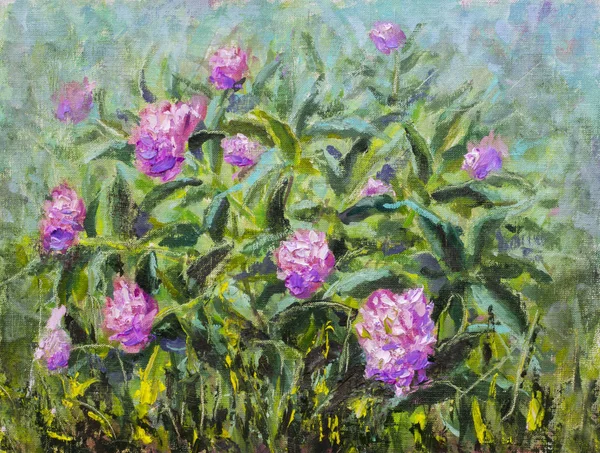 Floral Oil painting Beautiful bouquet in garden of flowers of purple peonies, lush red roses. Flowers in garden, a bouquet of flowers in garden. Summer bouquet of flowers nature artwork impressionism
