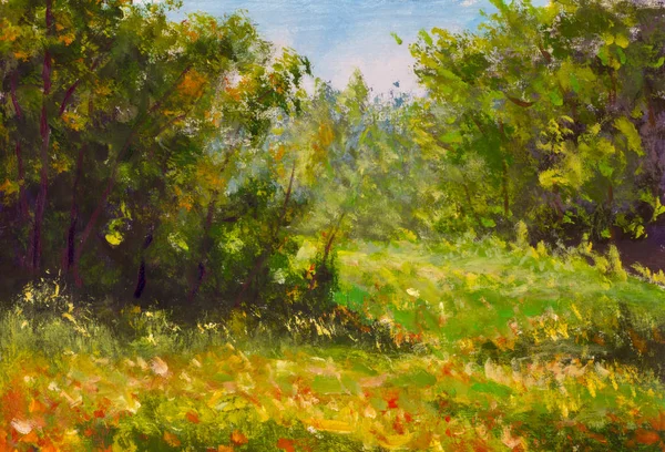 Original oil painting Spring forest. Green trees, blue sky, red flowers on ground. Beautiful landscape. Modern impressionism painting art.