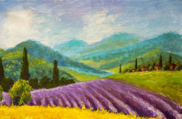 Oil painting Italian summer countryside. Lavender purple field. French Tuscany. Field of yellow rye. Rural houses and high cypress trees on hill. Mountains in background. Oil painting palette knife impasto modern impressionism on canvas. Bright flora