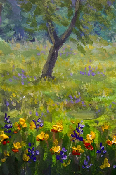 Flower oil painting. Violet, orange yellow flowers field close-up, oil paintings landscape impressionism artwork