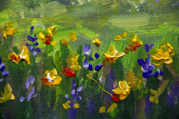 Flower oil painting. Violet, orange yellow flowers field close-up, oil paintings landscape impressionism artwork