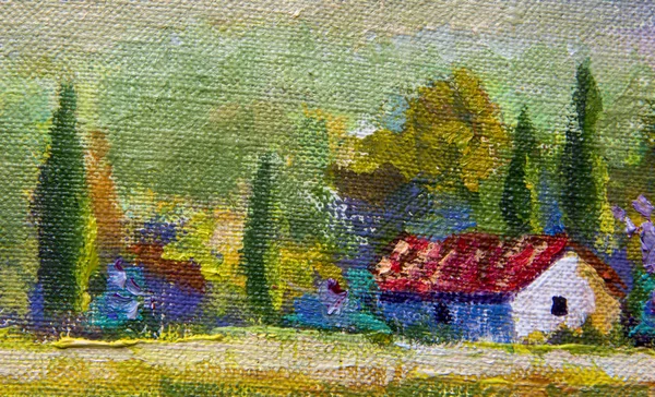 Close-up oil painting rural Landscape of Italian Tuscany - white houses with red roofs. Summer rural landscape of Tuscany - textural fragment oil painting.