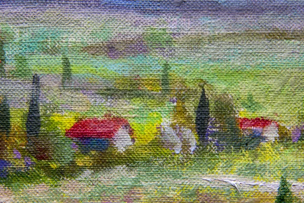 Close-up oil painting rural Landscape of Italian Tuscany - white houses with red roofs. Summer rural landscape of Tuscany - textural fragment oil painting.