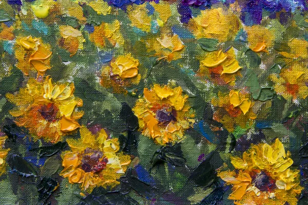 Impressionism sunflowers palette knife painting. Field Yellow orange sunflowers on the green - a textured fragment of a close-up oil painting. Illustration flowers of a sunflower on a canvas artwork