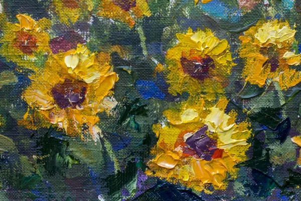 Yellow orange sunflowers - a textured fragment of a close-up oil painting. Impressionism flowers of a sunflower on a canvas