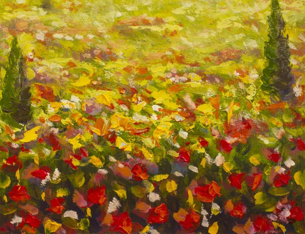 Oil painting of a red ogange flower poppy and green trees field. Summer flowers red field. Modern art - impressionism, texture.