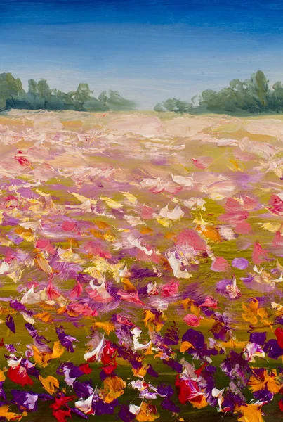 Field of red pink yellow flowers is a summer palette knife impasto art - floral country landscape. A blue sky, green forest in background. Handmade oil painting nature illustration.