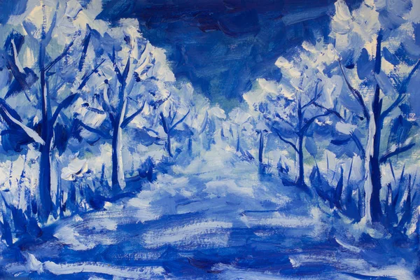 Blue and white landscape painting. Night park trees nature, abstract road in blue forest wood illustration artwork