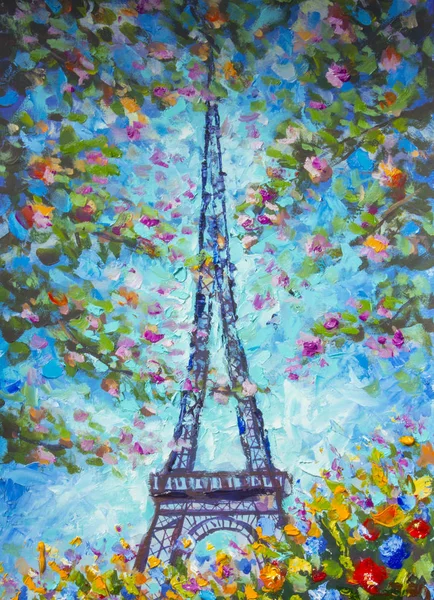 Painting oil Eiffel Tower in spring colorful flowers Spring romantic Eiffel Tower Paris.