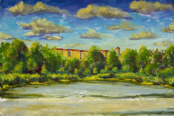 Original oil painting on canvas The shore of the lake is a river basin, green forest trees, yellow houses, a blue sky with warm yellow clouds. Summer landscape.