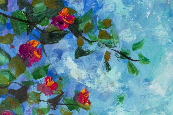 Spring oil painting branch with green leaves red violet flowers against blue defocused abstract sky on canvas impressionism nature flower artwork.