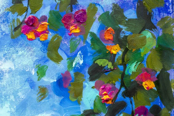 Spring oil painting branch with green leaves red violet flowers against blue defocused abstract sky on canvas impressionism nature flower artwork.