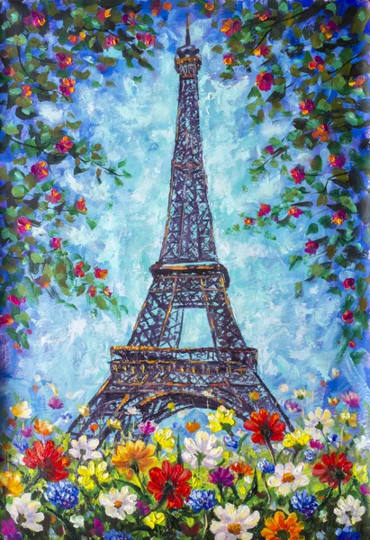 Eiffel Tower, Paris spring flowers oil painting. Romantic Eiffel Tower artwork illustration