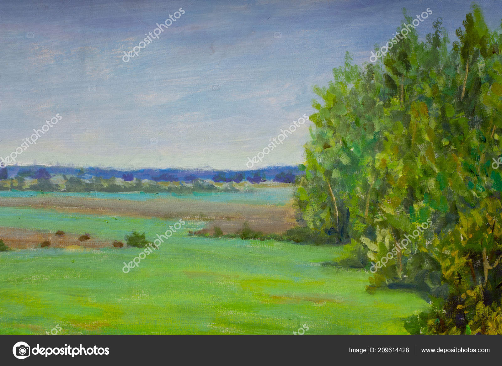 Peinture Paysage Rural Vert Forêt Arbre Bois Village Ferme Champs