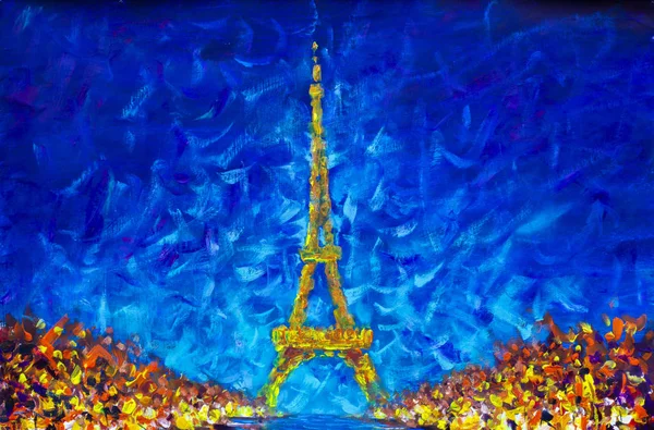Eiffel Tower Night Paris blue sky Oil painting on canvas.