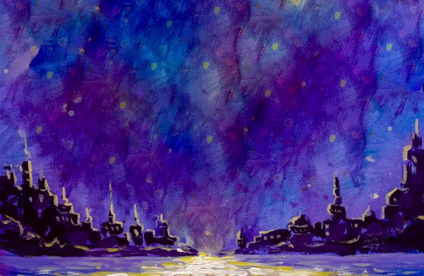 Dark night city in Blue cosmos comics universe galaxy, star wars handmade close-up painting illustration artwork