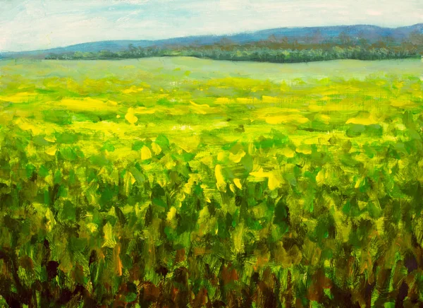 Juicy green field with mountains in the background - rural landscape painting