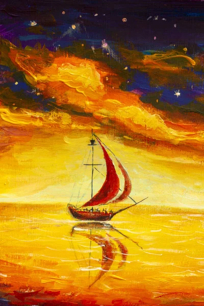 Painting fantasy illustration of a pirate sailing ship with red sails in a yellow sea.