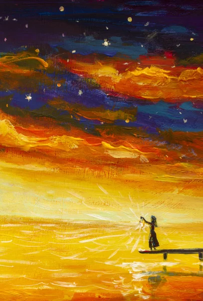 Fantasy painting dark woman girl with lantern on bridge in yellow sea wather. Red blue clouds - fragment of painting seascape.