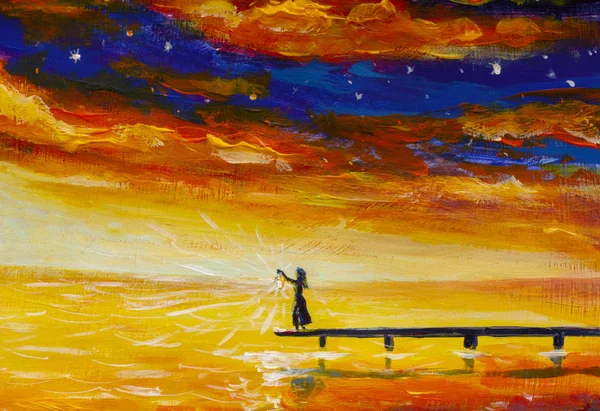 Fantasy painting dark woman girl with lantern on bridge in yellow sea wather. Red blue clouds - fragment of painting seascape.