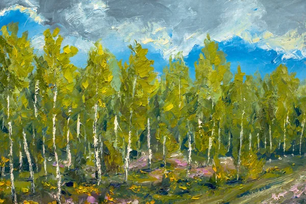 Modern painting palette knife impasto impressionism - spring nature, landscape oil artwork, beautiful birch trees, blue sky illustration fine art.