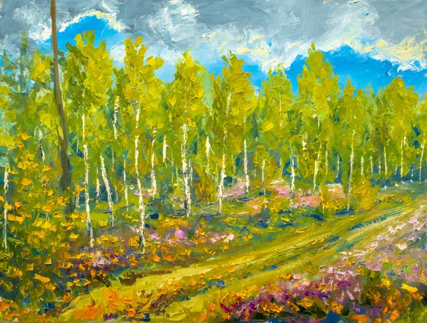 Modern painting palette knife impasto impressionism - spring nature, landscape oil artwork, beautiful birch trees, blue sky illustration fine art.