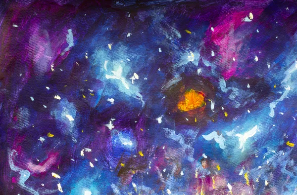 Oil painting on canvas. Blue-violet cosmos, the universe, star galaxies. Modern art. Hand-drawn art.
