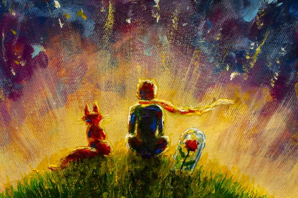 Original oil painting Little prince and fox and Red Rose sitting on grass under starry sky. Colorful illustration.