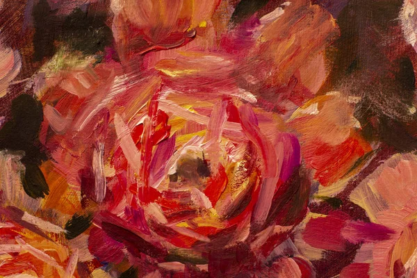 Painting flower canvas background - Oil painting close-up flower. Big red violet flowers rose peony closeup macro on canvas. Modern Impressionism. Impasto artwork.