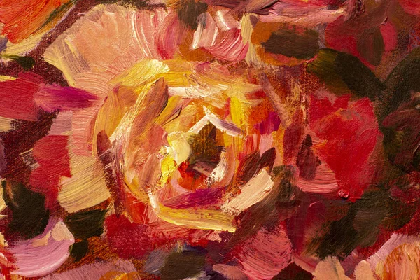Painting flower canvas background - Oil painting close-up flower. Big red violet flowers rose peony closeup macro on canvas. Modern Impressionism. Impasto artwork.