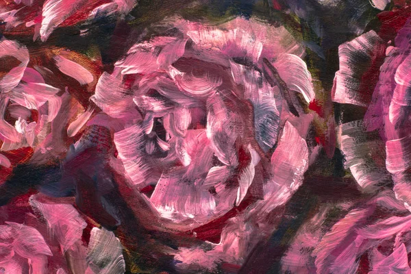 Painting flower canvas background - Oil painting close-up flower. Big red violet flowers rose peony closeup macro on canvas. Modern Impressionism. Impasto artwork