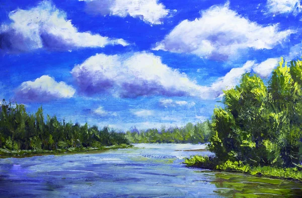 Original oil painting, contemporary style, made on stretched canvas with palette knife and brush beautiful clouds in blue sky, green forest reflected in river, summer landscape