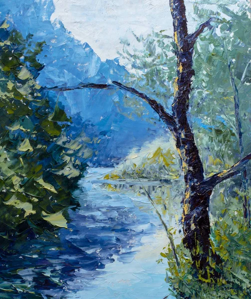 Original oil painting, contemporary style, made on stretched canvas with palette knife and brush beautiful clouds in blue sky, green forest reflected in river, summer landscape