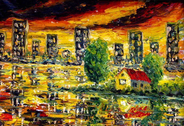 Impressionism Night landscape High-rise black buildings of the house are reflected in the water, the river, the sea - New York palette knife painting art