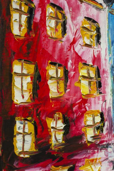 Art fragment of red yellow house building with windows Palette knife fragment of painting