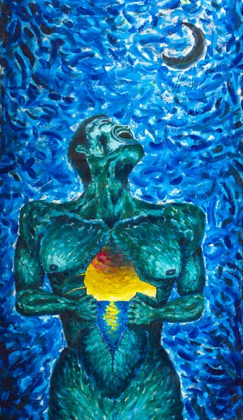 Original oil painting Green man tears his stomach with his hands - the birth of a beautiful dawn. Expressionism, concept. Background blue night moon.