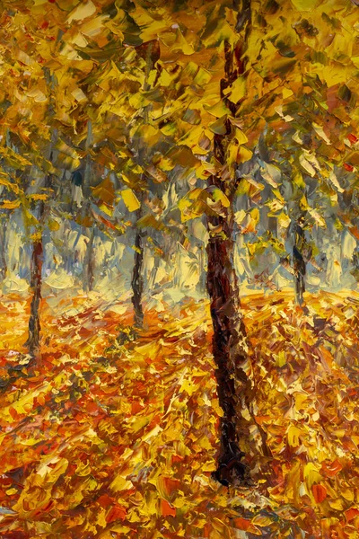 Gold autumn palette knife art. Highly-textured colorful yellow orange red impressionism autumn abstract painting background. Brush stroke. Natural texture of oil paint. High quality details. Can be used for web design, art print, textured fonts, figu