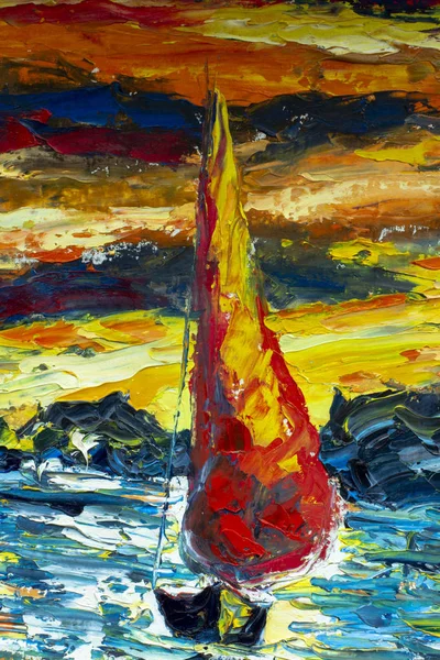 Sailing ship, yacht, boat. Yellow red black clouds, sunset over sea. Impressionism seascape original impasto oil painting, contemporary style, made on stretched canvas with palette knife and brush. Expressionism