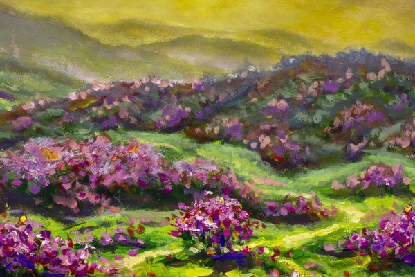 flower fields in the mountains art oil painting