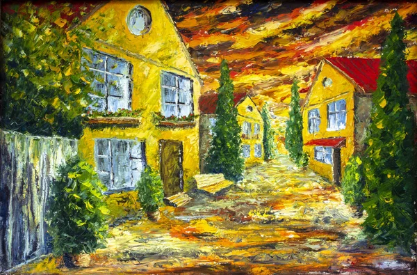 Traditional farm buildings house in old village in depths of eastern Europe Painting Background, Illustration art. Beautiful rural landscape. Nature, yellow old village, house, trees, night. Palette knife