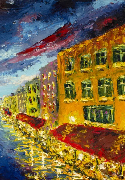 Original oil painting Night old city - nightly yellow buildings - fragment of house on palette knife painting impressionism fine art artwork