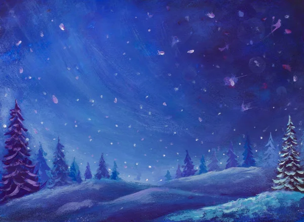 Merry Christmas background with christmas night trees. Blue Background. Oil painting acrylic illustration on paper christmas artwork